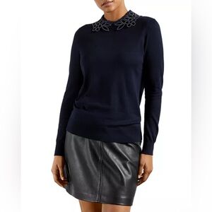 Ted Baker Azaleo Embellished Collar Navy Sweater with Floral Collar Sz 1 (US 4)